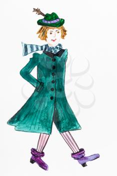 sketch of walking girl in green coat and tyrolean hat hand-drawn by watercolors on white paper