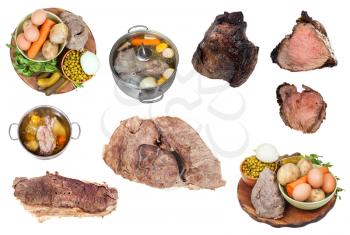 collage from boiled and baked pieces of beef isolated on white background
