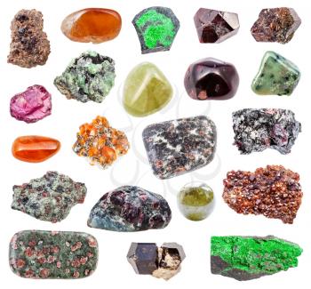 collection of various Garnet natural mineral gem stones and samples of rock isolated on white background