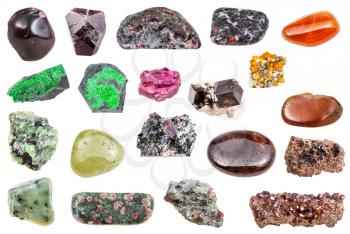 collage from various Garnet natural mineral gem stones and samples of rock isolated on white background