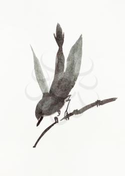 bird on twig hand-drawn by black watercolor on creamy-white paper in sumi-e (suibokuga) style