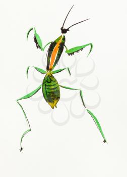 green mantis hand-drawn by watercolors on creamy-white paper in sumi-e (suibokuga) style
