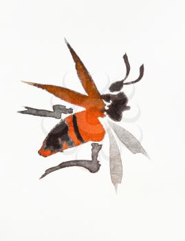 orange wasp hand-drawn by watercolors on creamy-white paper in sumi-e (suibokuga) style