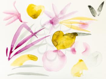 training drawing in sumi-e (suibokuga) style with watercolor paints - sketches of flowers and leaves are hand drawn on creamy paper