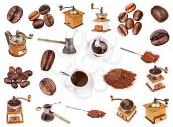 set from coffee, beans, ground powder, coffee mills, drinks in cups isolated on white background