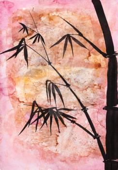 drawing in sumi-e (suibokuga) style - bamboo plant handpainted by black watercolors on abstract pink colored paper