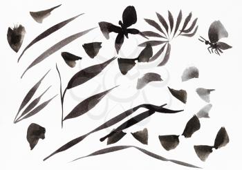 training drawing in sumi-e (suibokuga) style - brush strokes shaped leaves and butterflies by black ink on white paper