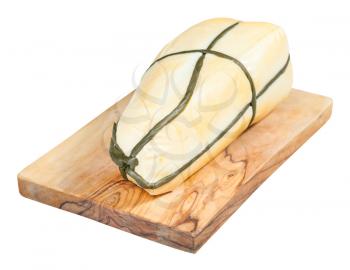 local italian Provola Affumicata (smoked provola) cheese on olive wood cutting board isolated on white background