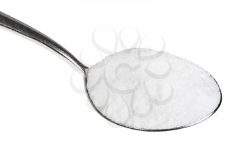 tablespoon with fine ground Sea Salt close up isolated on white background