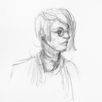 sketch of portrait of teenager in glasses with long strand of hair hand-drawn by black pencil on white paper