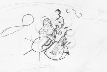 sketch of fairy and devil flying on bee in sky hand-drawn by black pencil on white paper