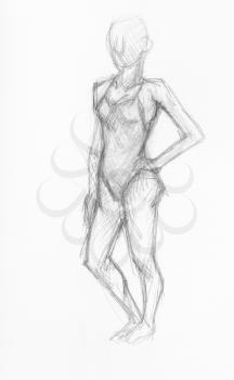 sketch of female figure in swimsuit hand-drawn by black pencil on white paper