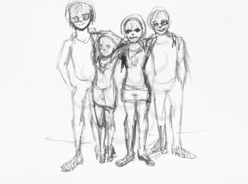 sketch of street teenagers hand-drawn by black pencil on white paper
