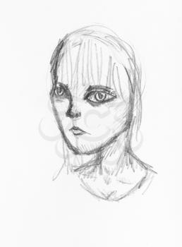 sketch of head of girl with large eyes hand-drawn by black pencil on white paper