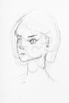 sketch of girl's head frustrated face hand-drawn by black pencil on white paper
