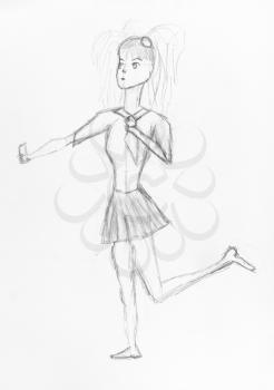 sketch of girl standing on one leg with little mirror hand-drawn by black pencil on white paper