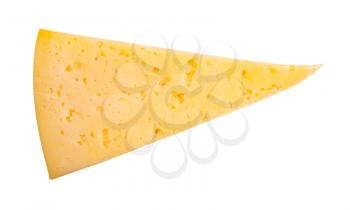 top view of triangular piece of yellow cheese isolated on white background