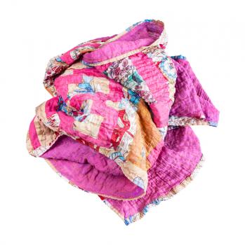 crumpled stitched patchwork scarf from various silk strips and crushed pink cotton fabric isolated on white background