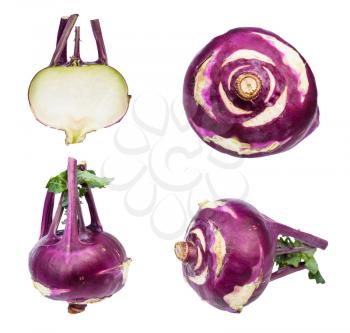 set of bulbs of ripe fresh purple kohlrabi isolated on white background