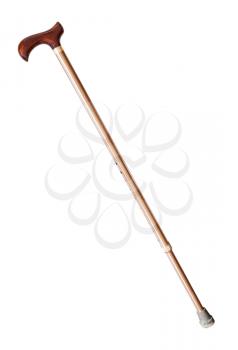 adjustable walking stick with derby style handle and bronzed shaft isolated on white background