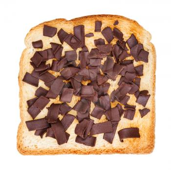 top view of dutch sweet open sandwich with toast and chocoladevlokken (topping from chocolate flakes) isolated on white background