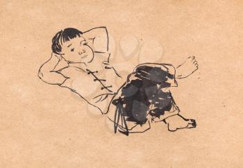 lying chinese boy hand drawn in sumi-e style by black ink on kraft paper