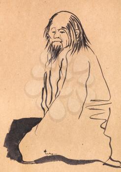 sitting chinese old man hand drawn in sumi-e style by black ink on kraft paper