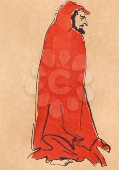 buddhist character arhat in red cloak hand drawn in sumi-e style by watercolors on kraft paper
