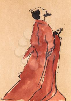 old chinese poet hand drawn in sumi-e style by watercolors on kraft paper