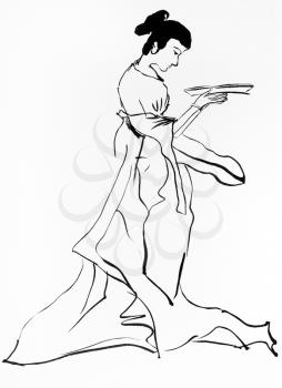lady holding plate hand drawn in sumi-e style by black ink on white paper