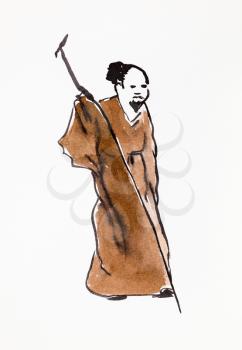 chinese old man with staff hand drawn in sumi-e style by watercolors on white paper