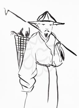 chinese peasant with basket on the back hand drawn in sumi-e style by black ink on white paper