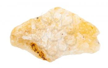 closeup of sample of natural mineral from geological collection - raw yellow Calcite stone isolated on white background