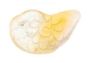 closeup of sample of natural mineral from geological collection - polished citrine (yellow quartz) gemstone isolated on white background