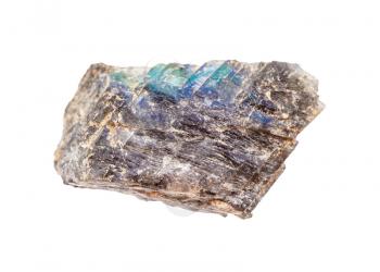 closeup of sample of natural mineral from geological collection - raw Labradorite rock isolated on white background