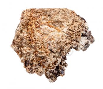 closeup of sample of natural mineral from geological collection - raw Astrophyllite stone isolated on white background