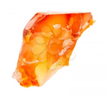 closeup of sample of natural mineral from geological collection - raw Carnelian (red chalcedony) rock isolated on white background