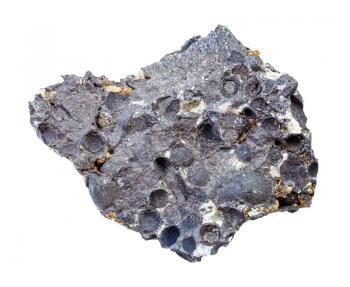 closeup of sample of natural mineral from geological collection - raw iron ore rock (Pisolite from Hematite, Magnetite) isolated on white background