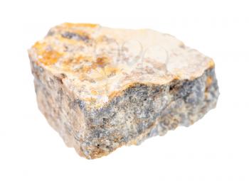 closeup of sample of natural mineral from geological collection - rough Corundum rock isolated on white background