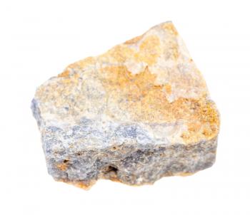 closeup of sample of natural mineral from geological collection - piece of raw Corundum rock isolated on white background