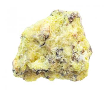 closeup of sample of natural mineral from geological collection - raw Sulphur (Sulfur) ore isolated on white background
