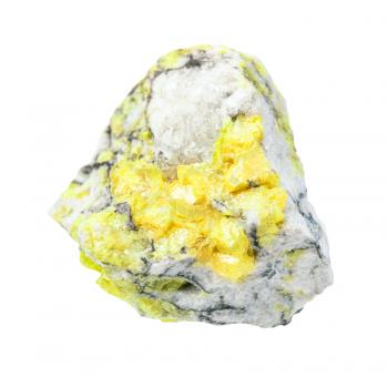 closeup of sample of natural mineral from geological collection - rough Sulphur (Sulfur) ore isolated on white background
