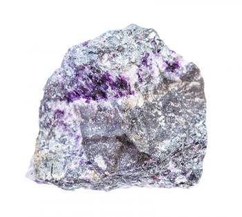 closeup of sample of natural mineral from geological collection - piece of Stibnite (Antimonite) ore with Amethyst quartz isolated on white background