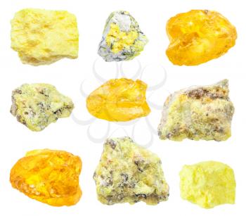 set of various Sulphur (Sulfur) minerals isolated on white background