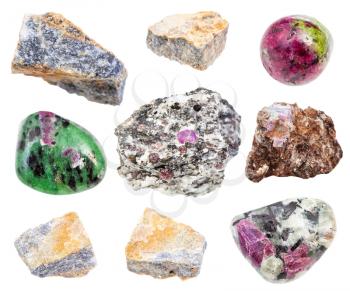 set of various Corundum rock and Ruby crystals isolated on white background