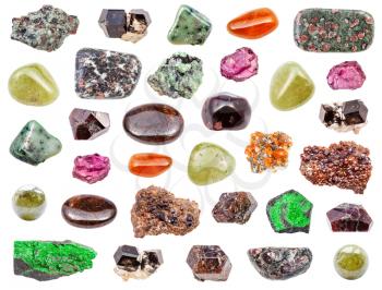 set of various Garnet gemstones isolated on white background