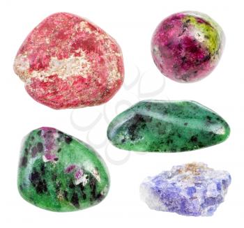 set of various Zoisite (Tanzanite, Thulite, Rosaline, Zoisite, Saualpite, Anyolite) gemstones isolated on white background
