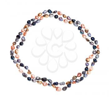 top view of hand crafted necklace from colored river pearls beads isolated on white background