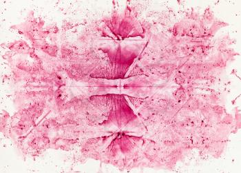 minimalist art - abstract symmetric monotyping painting handcrafted with pink watercolor on old paper