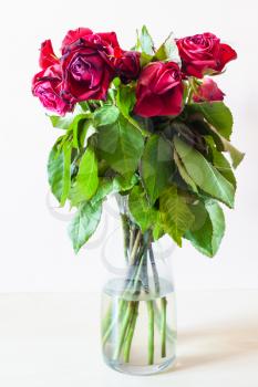 side view of bouquet of wilted red rose flowers in glass vase on pale brown background